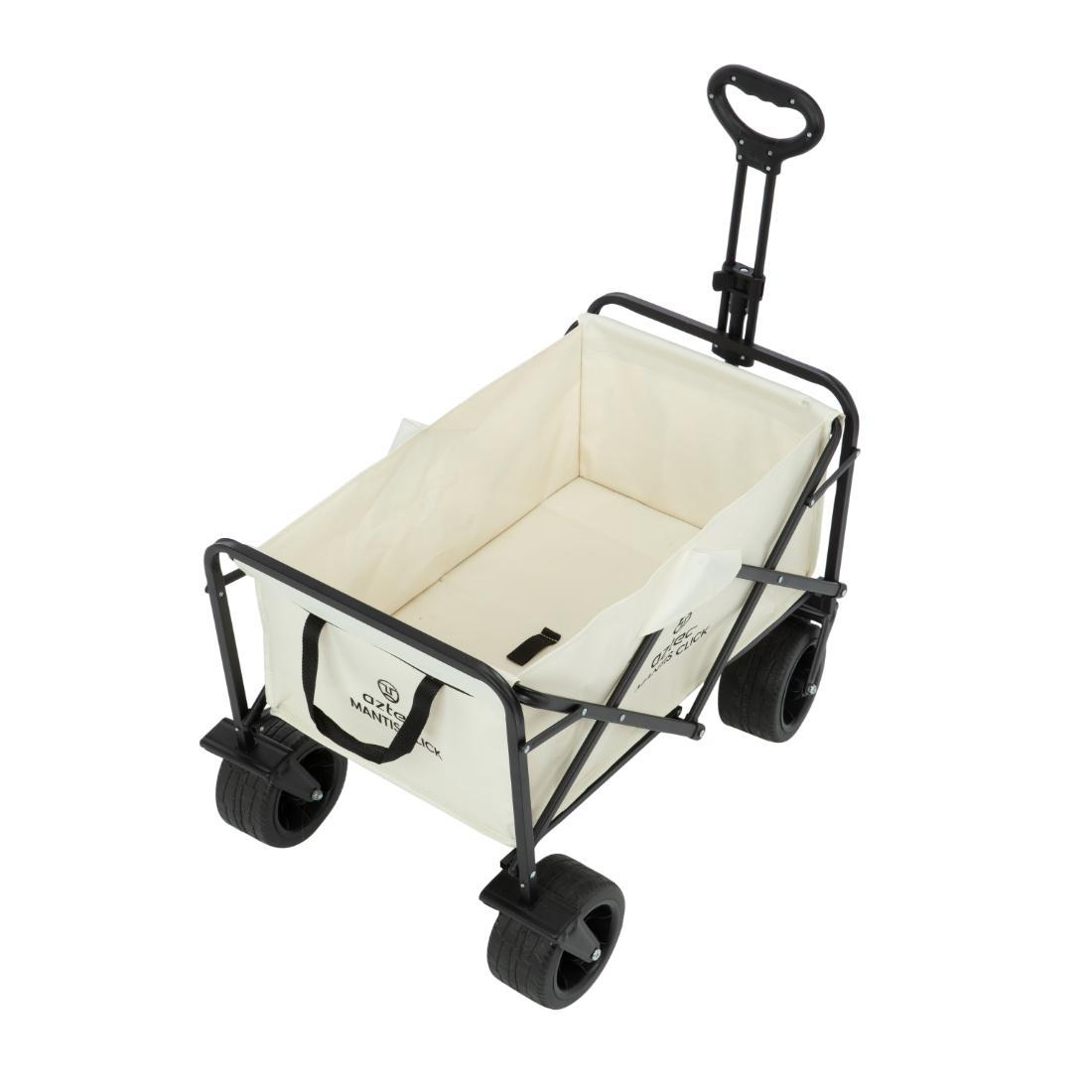 עגלת ה-Click Cart של Aztec Mantis היא עגלת שירות מתקפלת בצבע לבן, עם שלדת מתכת שחורה, ארבעה גלגלים שחורים גדולים וידית שחורה מתכווננת, שנועדה להקל על הובלת חפצים על משטחים שונים.