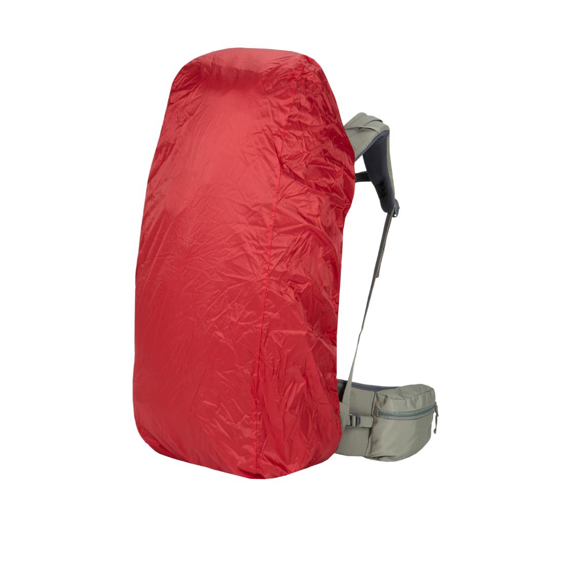 תיק הטיולים Aztec Kepler 65L כולל כיסוי גשם אדום, חגורת מותניים מרופדת בצבע אפור ורצועות כתפיים, כאשר התא הראשי מוגן — מוצג על רקע לבן.