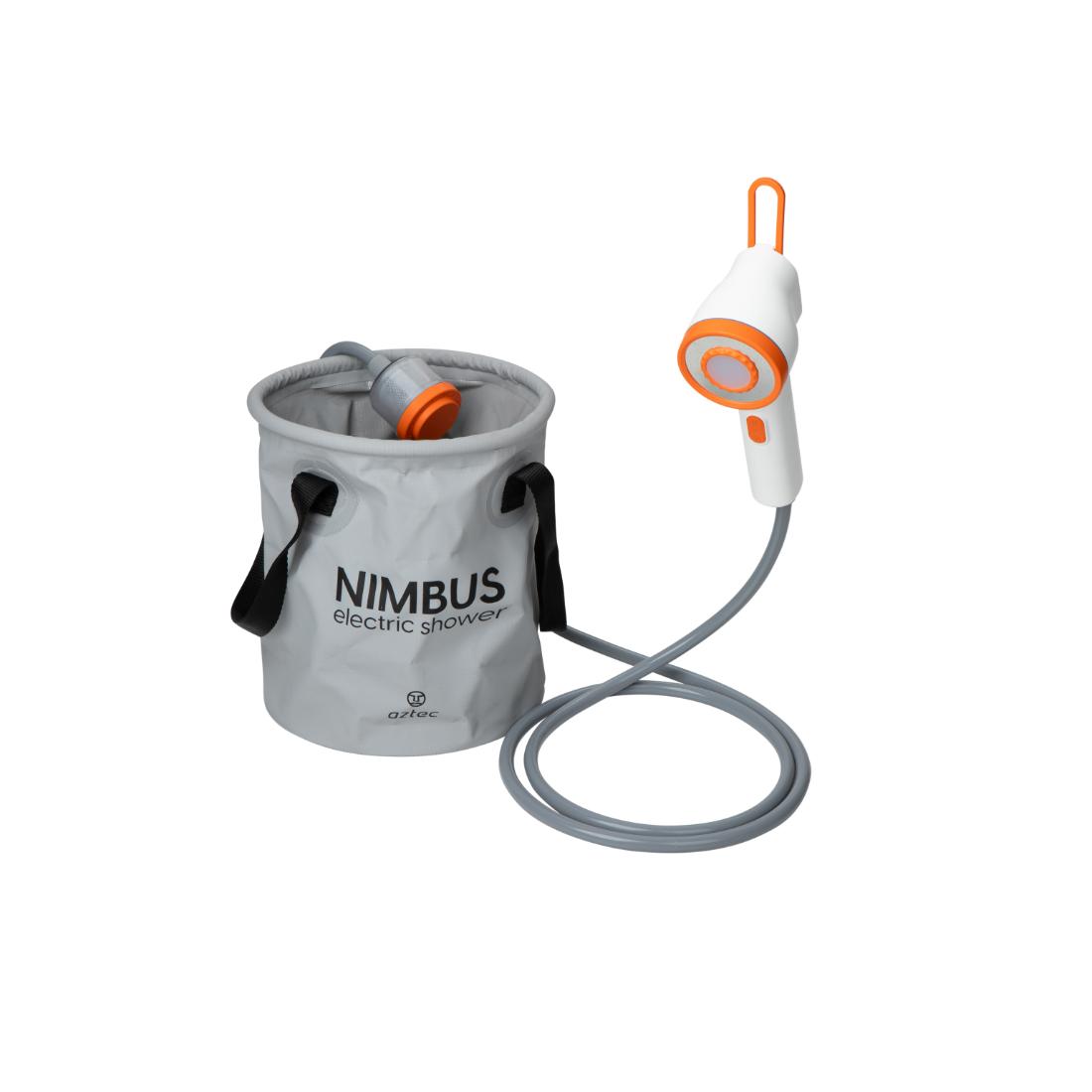 מקלחת החשמל Aztec Nimbus היא יחידה ניידת הכוללת ראש מקלחת בצבעים לבן וכתום, המחובר באמצעות צינור לדלי מתקפל בצבע אפור שעליו הכיתוב "Nimbus Shower", ומצויד בידיות שחורות וחזקות.