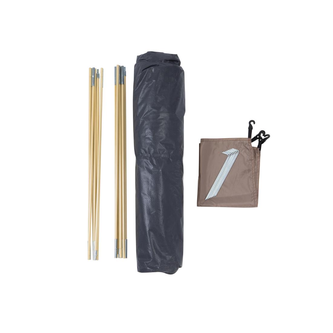 אוהל הקמפינג Aztec Element 4p Clip מבית Aztec כולל שתי חבילות מוטות צהובות, יריעת אוהל שחורה מגולגלת ותיק חום עם יתדות ווים, והכל מוצג על רקע לבן.