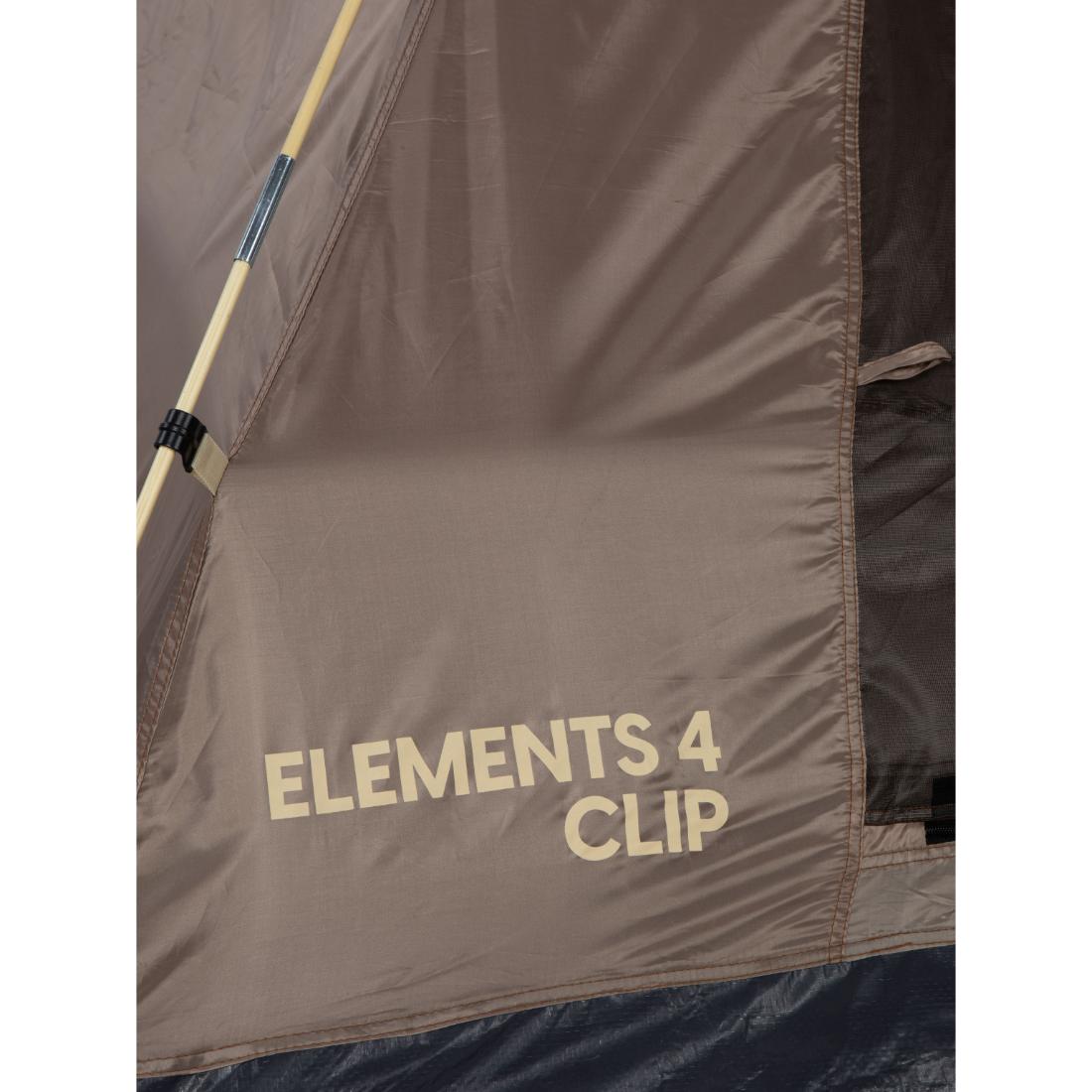 בתקריב של אוהל Aztec Element 4p Clip נראית הכיתוב "ELEMENT 4 CLIP" באותיות גדולות בצבע בז' על הבד ליד הכניסה, כשמוט האוהל וכיס הרשת נראים חלקית.
