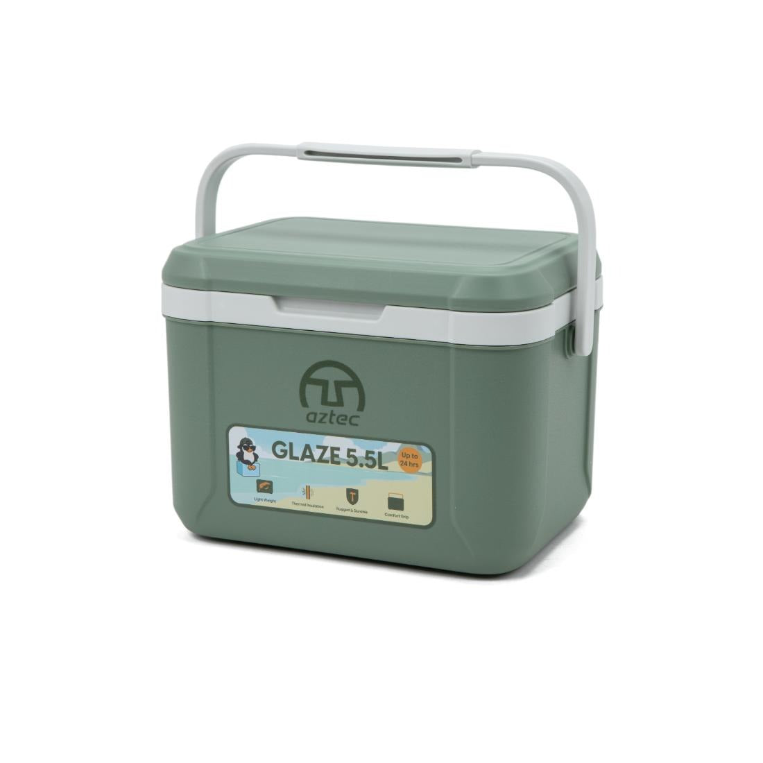 מקרר נייד בצבע ירוק של Aztec Glaze בנפח 5.5 ליטר, עם ידית ותפס לבנים, ועליו תווית המותג Aztec בחזית.