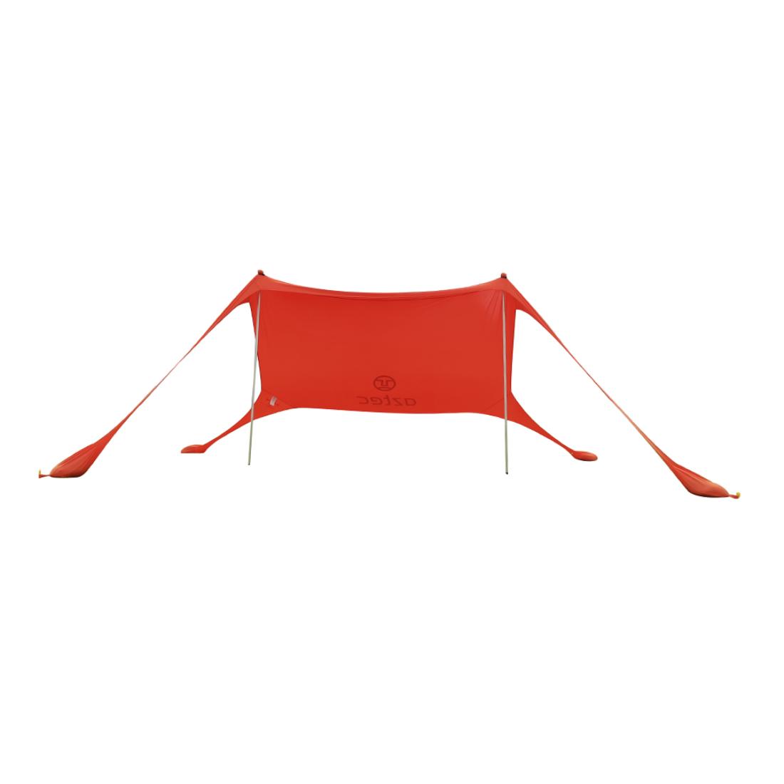 סככת חוץ אדומה מדגם Aztec Sunbag M, הכוללת ארבעה יתדות בפינות ושני עמודי תמיכה מרכזיים, היוצרים מבנה דמוי אוהל.