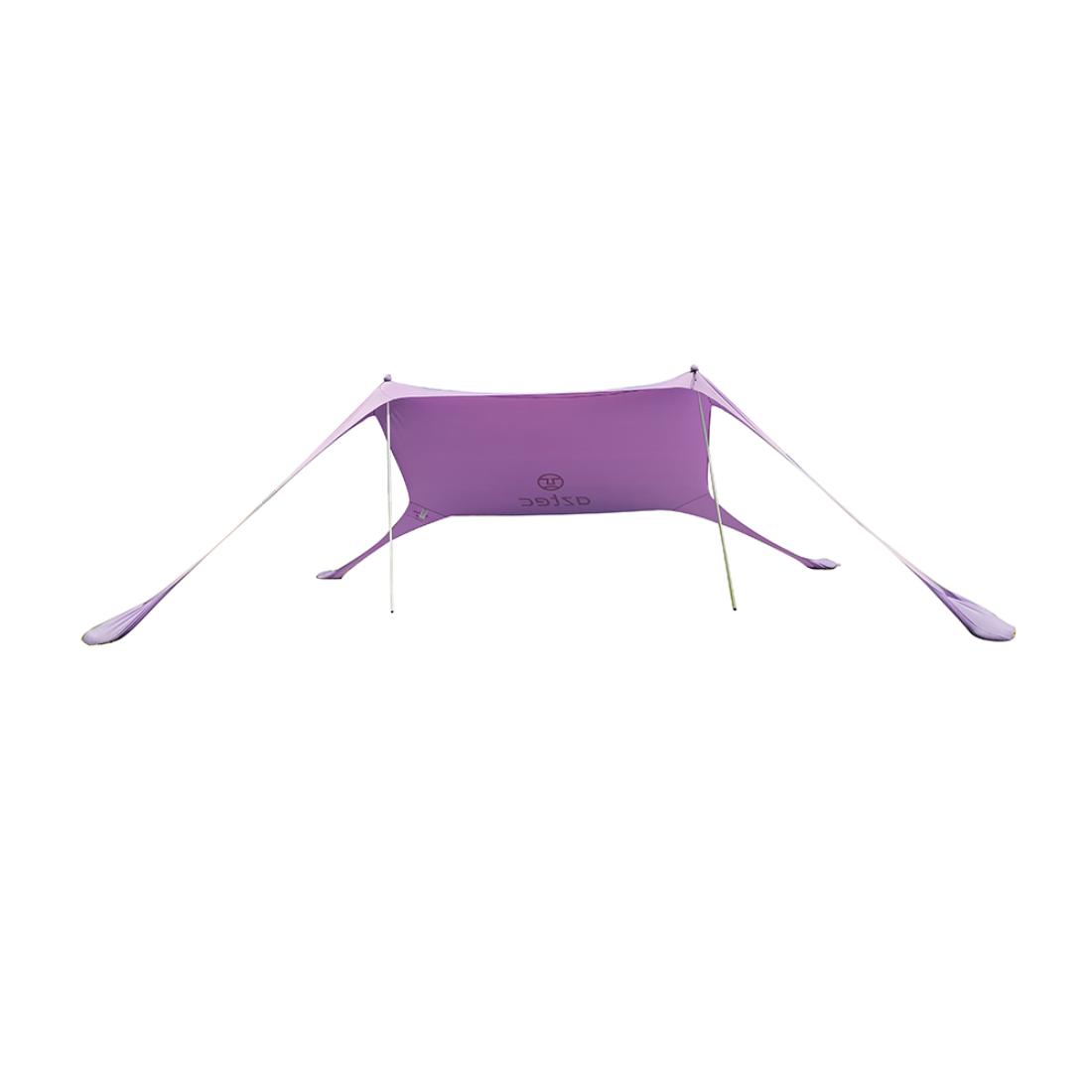 אוהל החוף "Aztec Sunbag M" בצבע סגול כולל ארבע נקודות עיגון מורחבות בכל פינה, היוצרות צל מלבני, הנתמך על ידי שני מוטות מרכזיים ומעוגן היטב באמצעות חבלים.