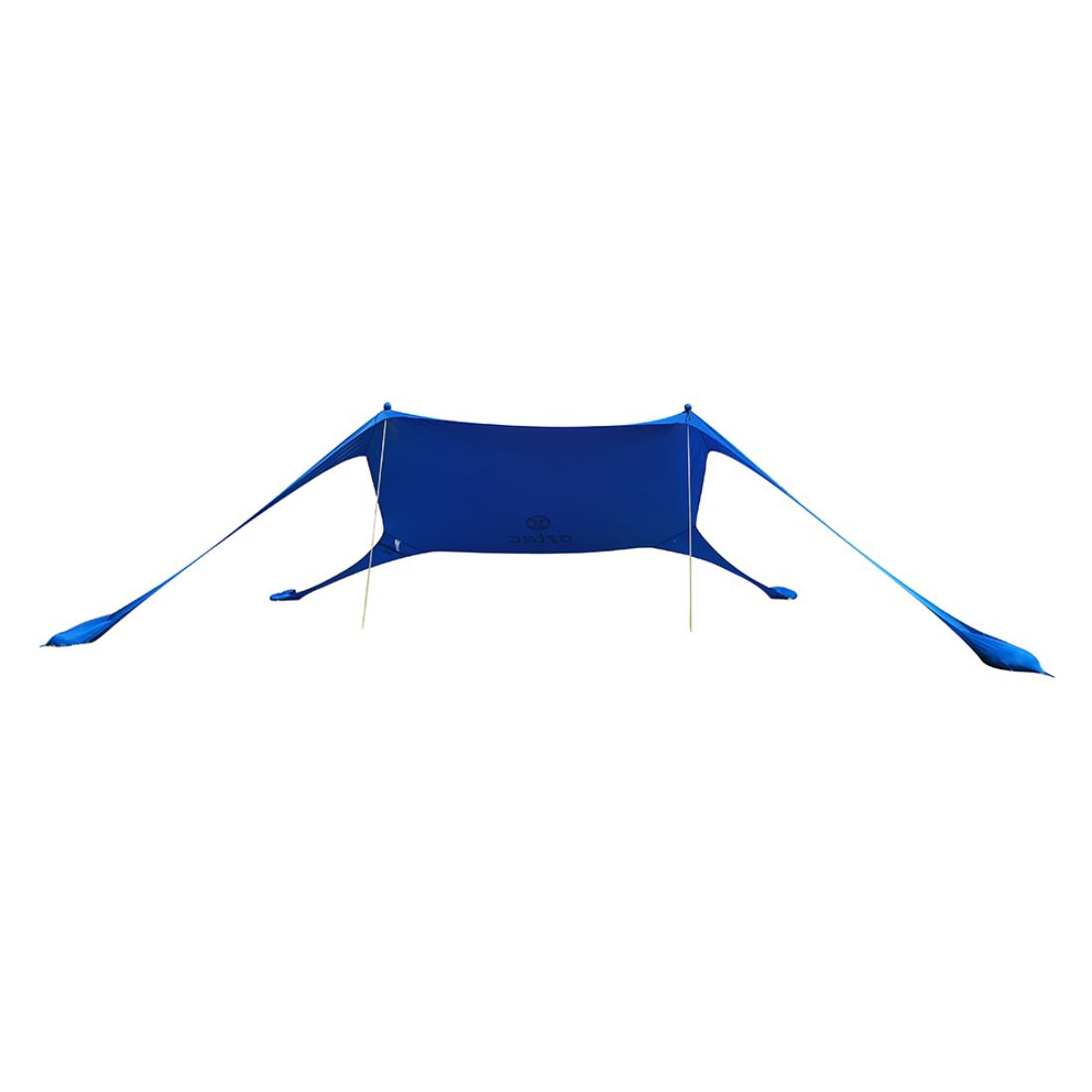 אוהל שמש כחול מדגם Sunbag S Air מתוצרת Aztec, הכולל ארבע נקודות עיגון מורחבות וחבלי תמיכה בפינות, מוצג על רקע לבן חלק.
