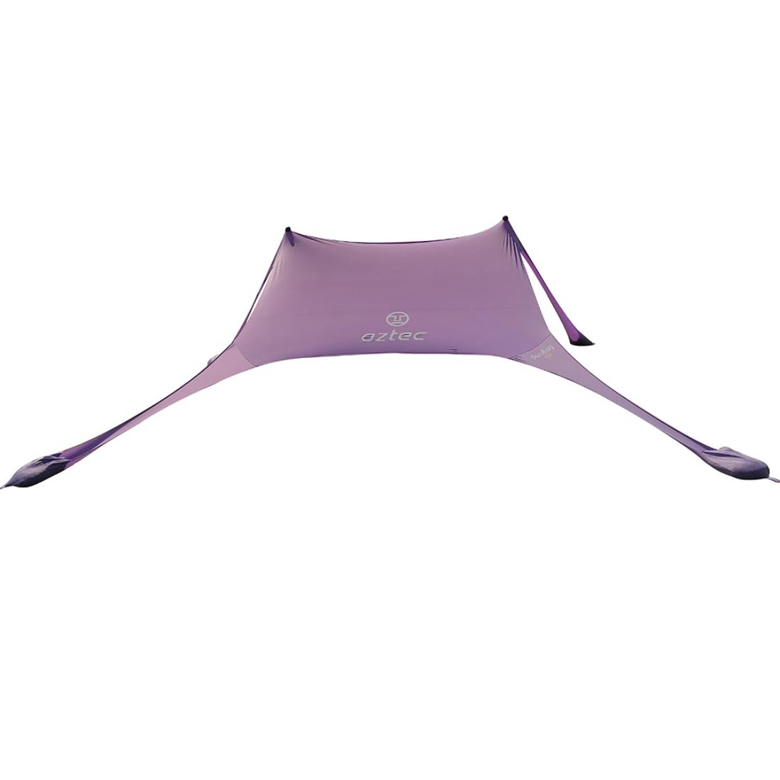 סככת שמש אלסטית משולשת בצבע סגול מדגם Aztec Sunbag S Air, עם שלוש נקודות עיגון והכיתוב "Aztec" בלבן במרכז, בהשראת עיצוב חדשני.