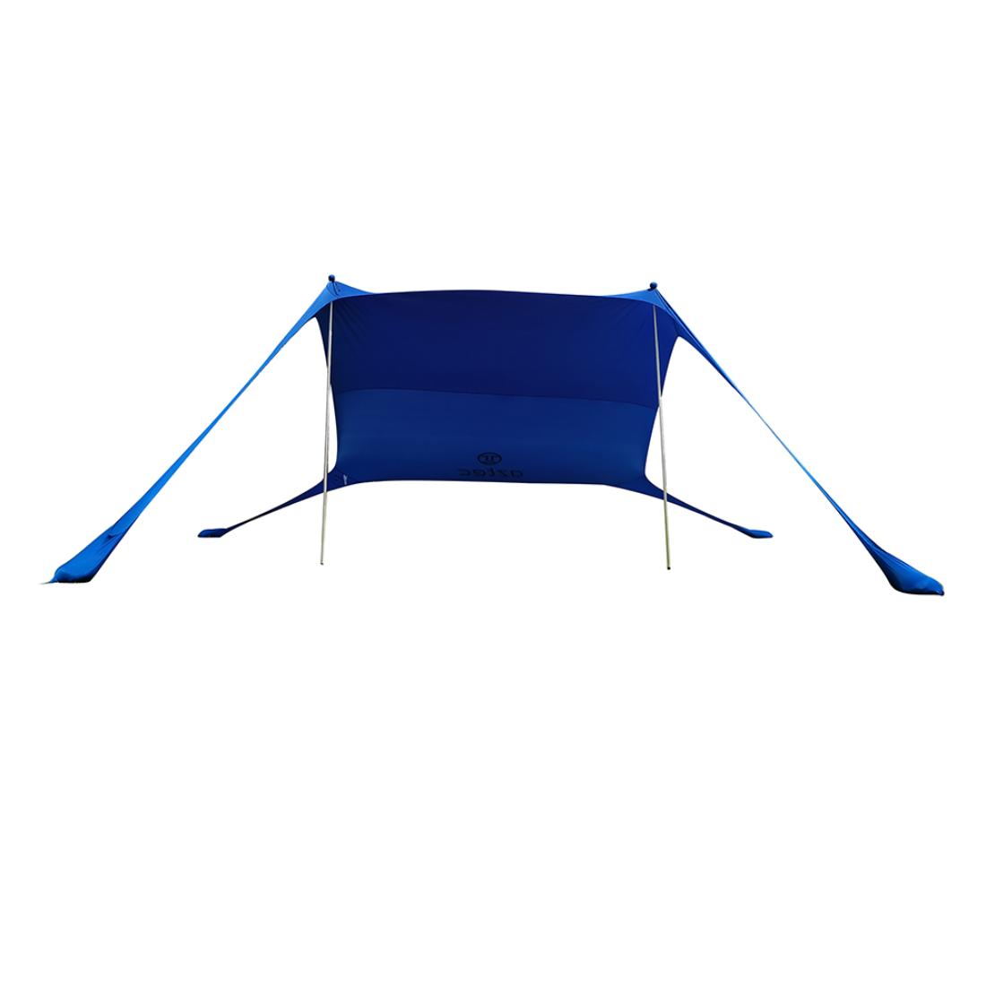 ה-Aztec Sunbag XL הוא אוהל חוף כחול המיועד לשימוש בחוץ, הכולל ארבע נקודות עיגון מורחבות ומוטות תמיכה מעוקלים ליצירת גגון יציב ומוצל, המושלם למנוחה. האוהל מצולם על רקע לבן.