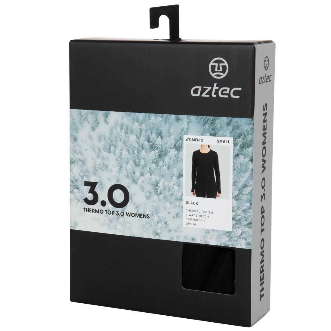 קופסת המוצר Black Aztec Thermo Top 3.0 III W לחולצה תרמית עם שרוולים ארוכים, הכוללת תמונה של הבגד, איור של יער מושלג וכיתוב המציין את המידה S ואת דירוג UPF 50+.