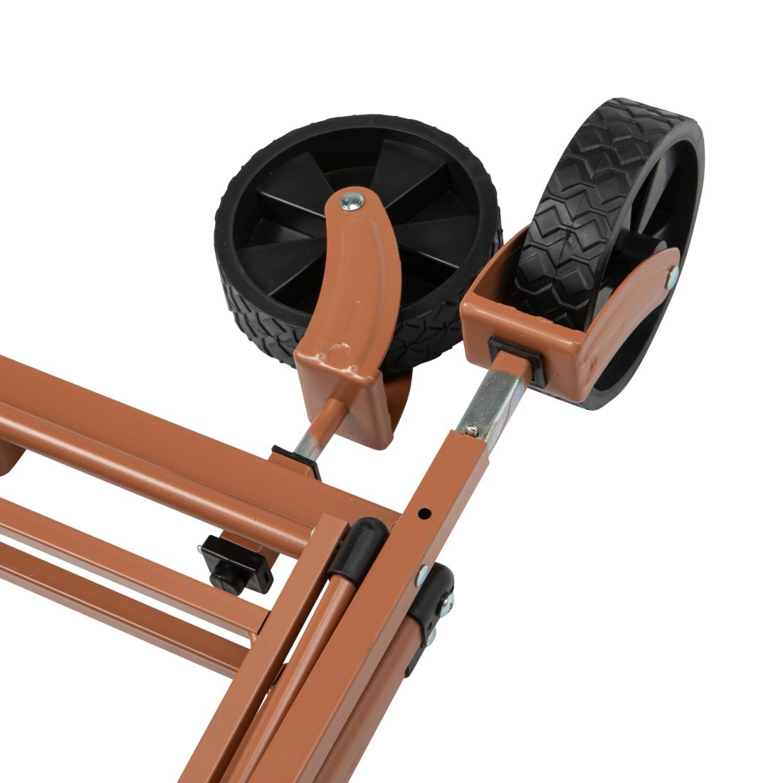 תקריב של מסגרת מתכת מתקפלת מדגם Aztec Badger Click Cart עם שני גלגלים שחורים בעלי פרופיל.