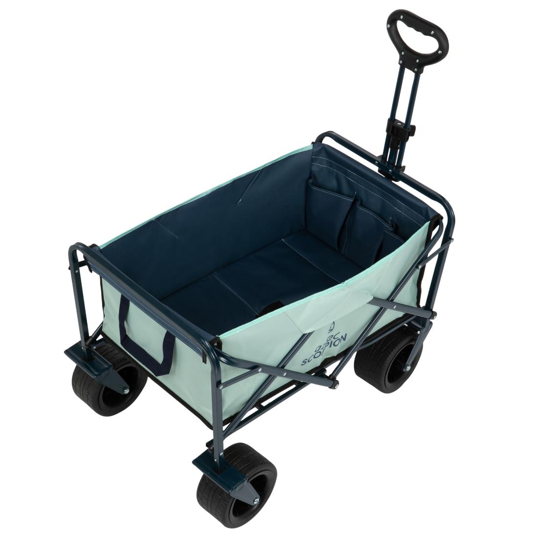 עגלת Aztec Scorpion Click Cart – עגלת שירות מתקפלת עם גוף מבד בצבע ירוק בהיר וכחול כהה, גלגלים שחורים, ידית משיכה מתכווננת וחיישן Scorpion המותקן בצד לשימוש עם מערכת mikroBUS.