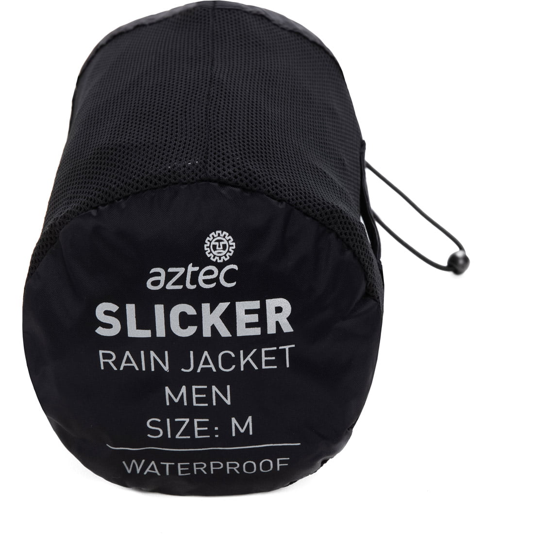 תיק גלילי שחור שעליו הכיתוב "Aztec Slicker M II Rain Jacket Men Size: M Waterproof" עם סגירת שרוך, המכיל מעיל גשם אטום למים לגברים במידה M.