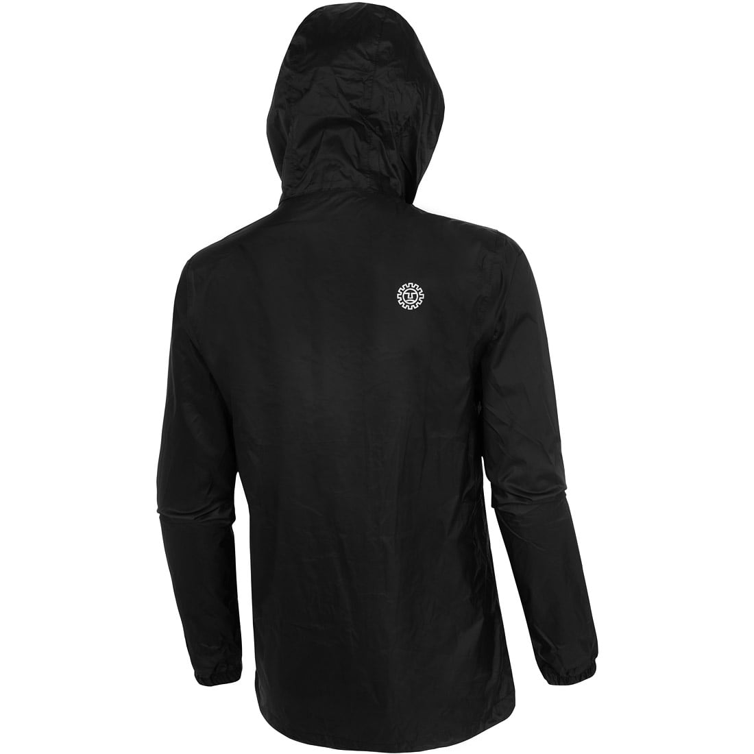 מעיל שחור עם ברדס מדגם Aztec Slicker W II, המוצג במבט מאחור, כולל שרוולים ארוכים ולוגו עגול קטן בצבע לבן הממוקם במרכז החלק העליון של הגב, מתחת לברדס.