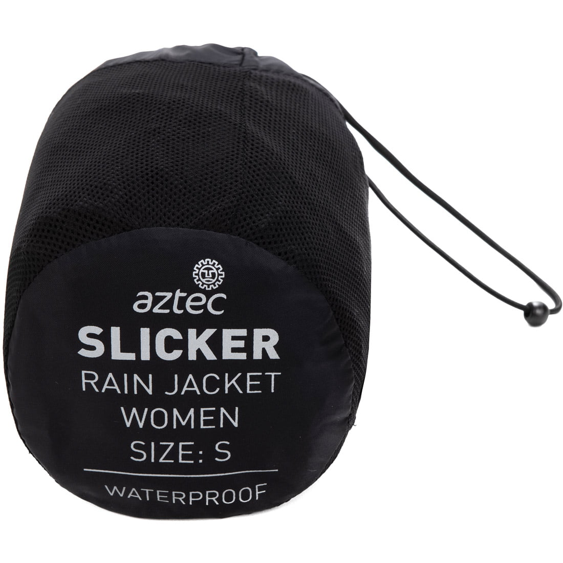 תיק שחור עם שרוך, שעליו מודפס הכיתוב "Aztec Slicker W II Rain Jacket Women Size: S Waterproof", וככל הנראה מכיל את מעיל הגשם Aztec Slicker W II.