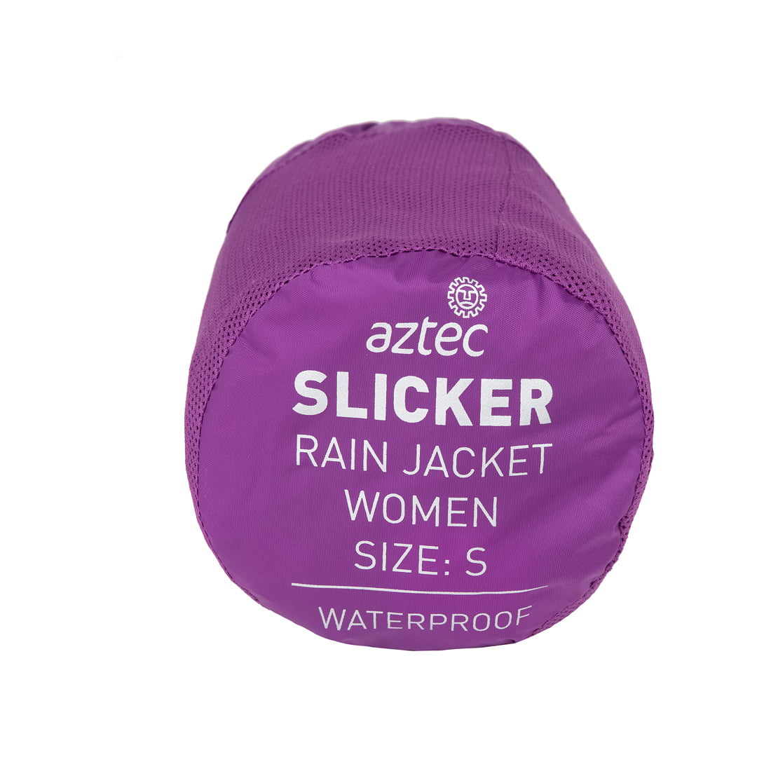תיק נשיאה גלילי בצבע סגול עם הכיתוב "Aztec Slicker W II" בלבן, אידיאלי לנשיאת מעיל הגשם העמיד למים לנשים (מידה S) כשאת יוצאת לדרך.