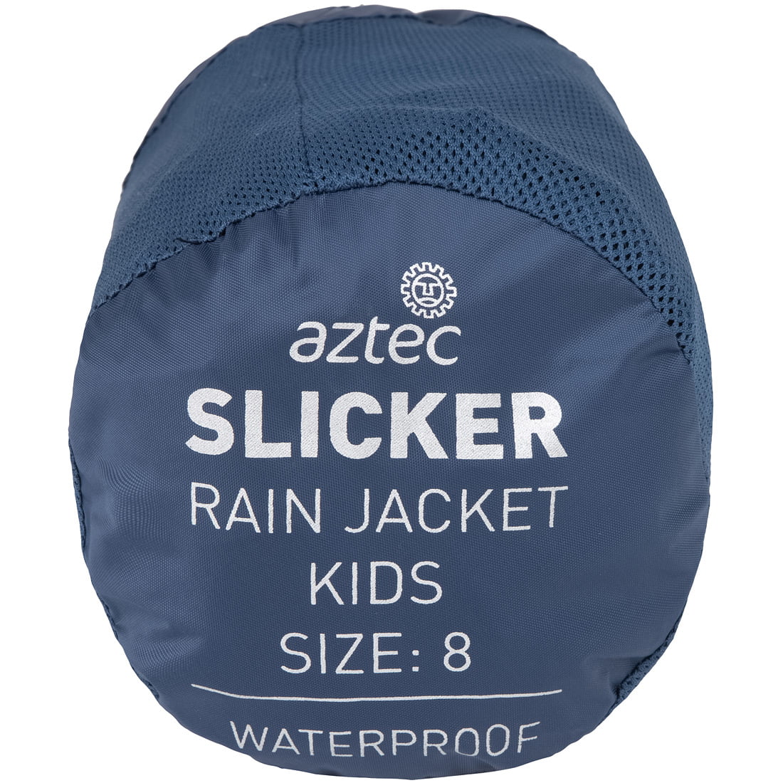 אריזה גלילית כחולה עם הכיתוב "Aztec Slicker K II", המציגה מעיל גשם אטום למים לילדים, מידה 8.