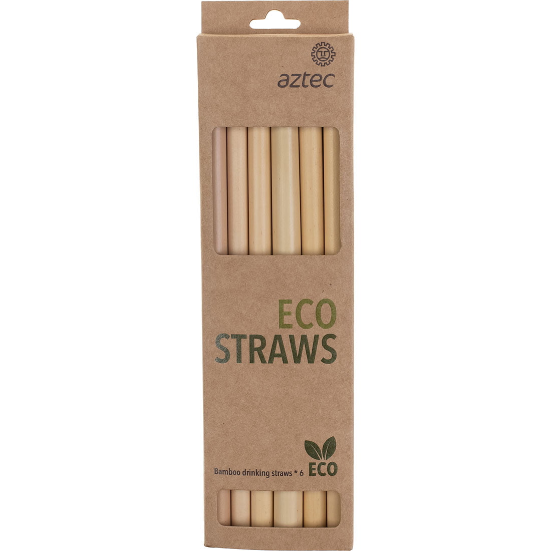 קופסת קרטון חומה שעליה הכיתוב "Aztec Bamboo 6 Straw Pack" כוללת חלון המציג את קשיות הבמבוק הטבעיות שבתוכה, עם סמלים ידידותיים לסביבה וטקסט המדגיש את העובדה שמדובר בקשיות רב-פעמיות.
