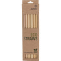 קופסת קרטון חומה שעליה הכיתוב "Aztec Bamboo 6 Straw Pack" כוללת חלון המציג את קשיות הבמבוק הטבעיות שבתוכה, עם סמלים ידידותיים לסביבה וטקסט המדגיש את העובדה שמדובר בקשיות רב-פעמיות.