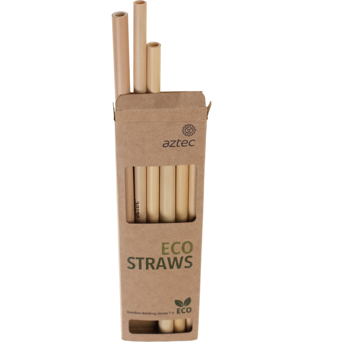 קופסת קרטון שעליה הכיתוב "Aztec Bamboo 6 Straw Pack" מכילה מספר קשיות במבוק בצבע בז', כאשר חלק מהקשיות הידידותיות לסביבה מבצבצות מהחלק העליון ואחרות נראות מבעד לחלון הקדמי.