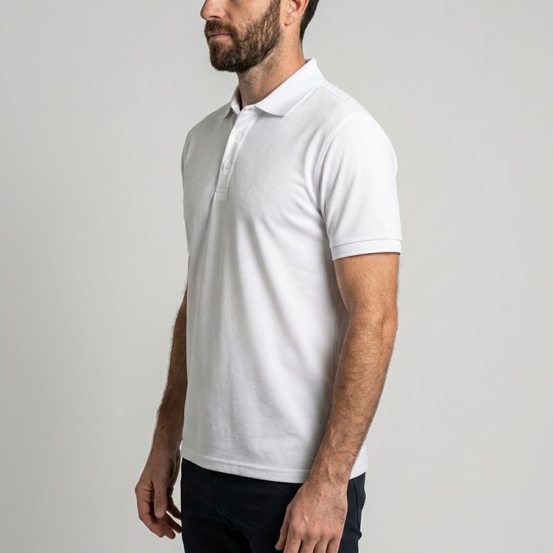 גבר מזוקן, לבוש בחולצת פולו Aztec Darco Polo II S/S במידה M בצבע לבן חלק ובמכנסיים שחורים, עומד על רקע אפור בהיר.