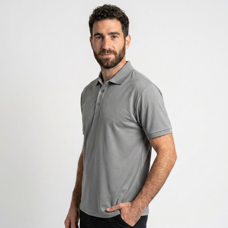 גבר בעל שיער קצר וכהה וזקן, לבוש בחולצת Aztec Darco Polo II S/S M עם שרוולים קצרים בצבע אפור ובמכנסיים שחורים, עומד על רקע לבן חלק, כשידו האחת בכיסו.