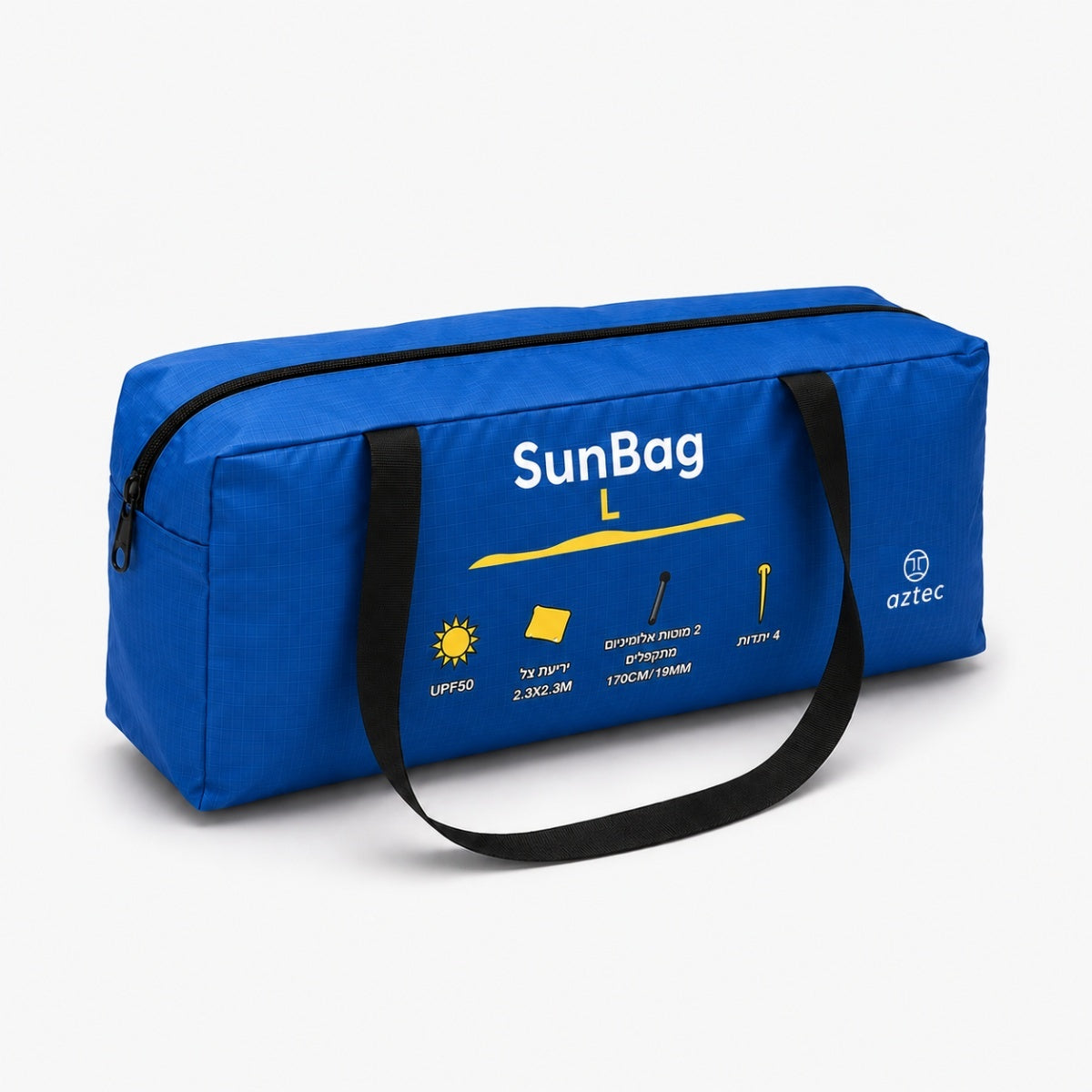 תיק “Bundle Sunbag L” בצורת מלבן בצבע כחול בסגנון אצטקי, עם ידיות שחורות, ועליו כיתוב צהוב ולבן וסמלים פשוטים בצד, נועד לנשיאת ציוד לחוף הים או לפעילויות בחוץ — מושלם להוספה לאוסף ה-“Bundle Sunbag” שלכם.