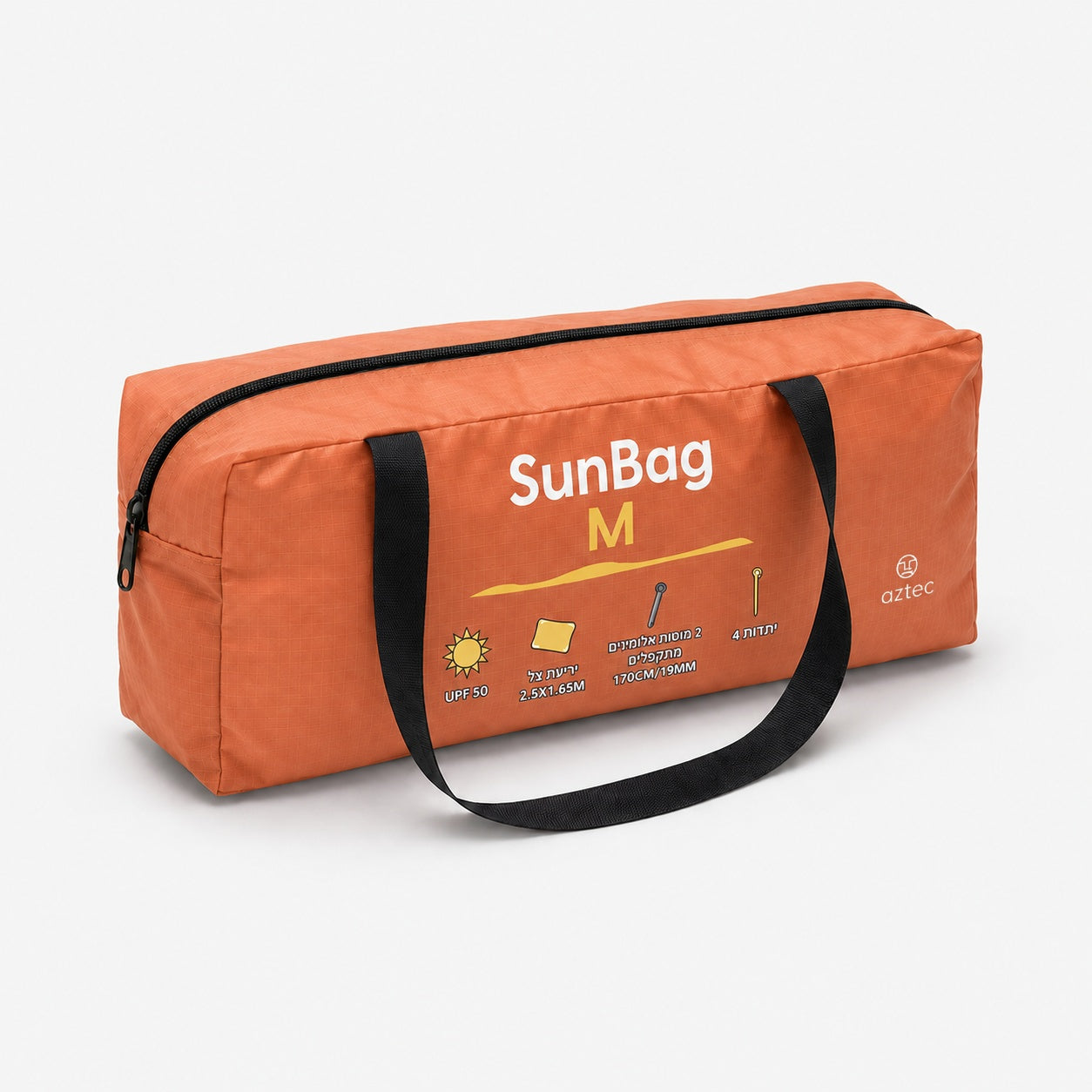תיק “Sunbag M” מלבני בצבע כתום של המותג Aztec, עם ידיות שחורות ורוכסן, ועליו סמלים המציינים הגנה מפני השמש בדרגת UPF 50, יתד לחול ומידות התיק. לוגו המותג Aztec מופיע בפינה.