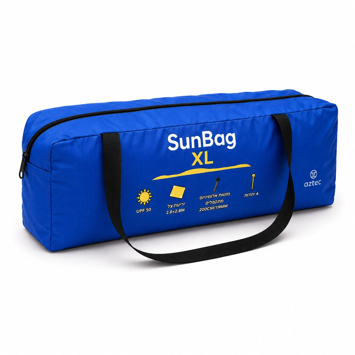 תיק נשיאה כחול ומלבני מדגם “Aztec Bundle Sunbag XL” עם ידיות שחורות ורוכסן שחור, המעוטר בסמלים, טקסט ולוגו Aztec בצבעים לבן וצהוב בחזיתו — אידיאלי לשמירה על פריטי ה-Sunbag Blue שלך בטוחים ומסודרים.