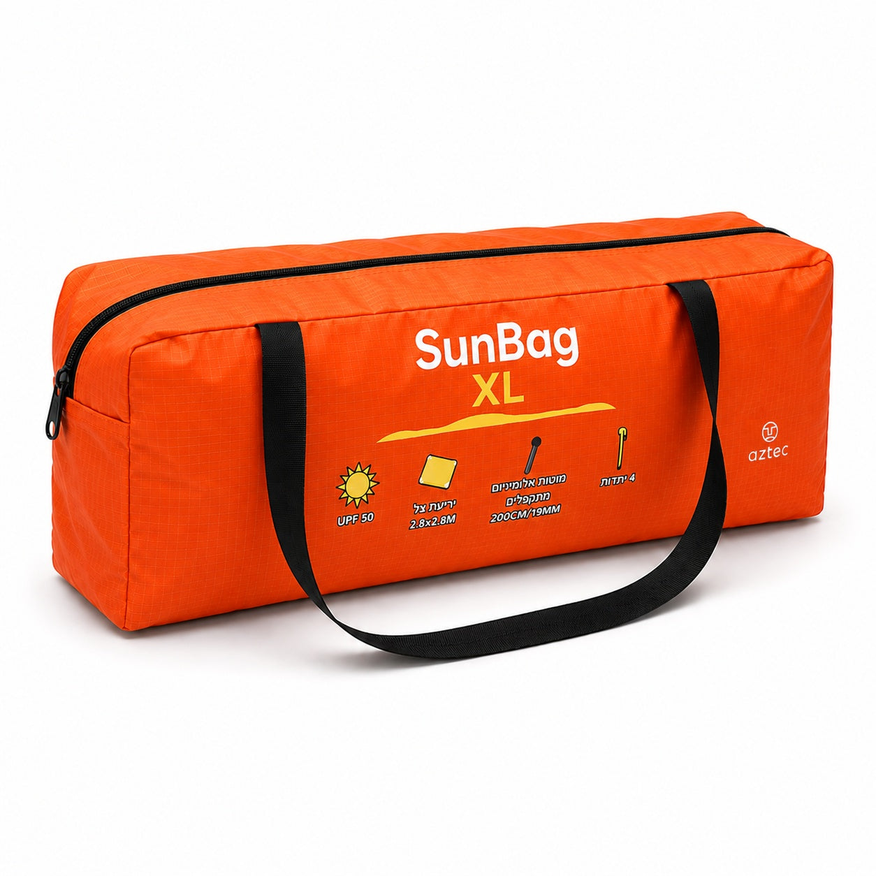 תיק השמש Aztec Bundle Sunbag XL הוא תיק מלבני בצבע כתום בוהק, עם ידיות שחורות ורוכסן. על צדו מופיעים סמלים ופרטים טכניים, כגון הגנה UPF 50, מידות ופרטים על הפריטים הכלולים בחבילה. על התיק הכתום הבולט מופיע גם לוגו המותג Aztec בצד ימין.