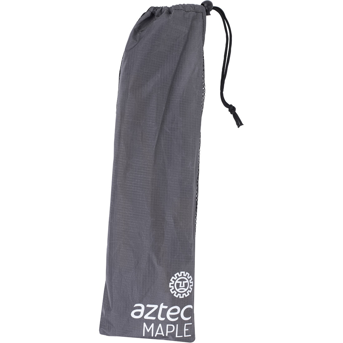 תיק אפור עם שרוך של המותג Aztec, עם לוגו Maple וסמל גלגל שיניים לבן המודפסים בחלקו התחתון הקדמי. לתיק הזקוף מראה מעט מקומט.