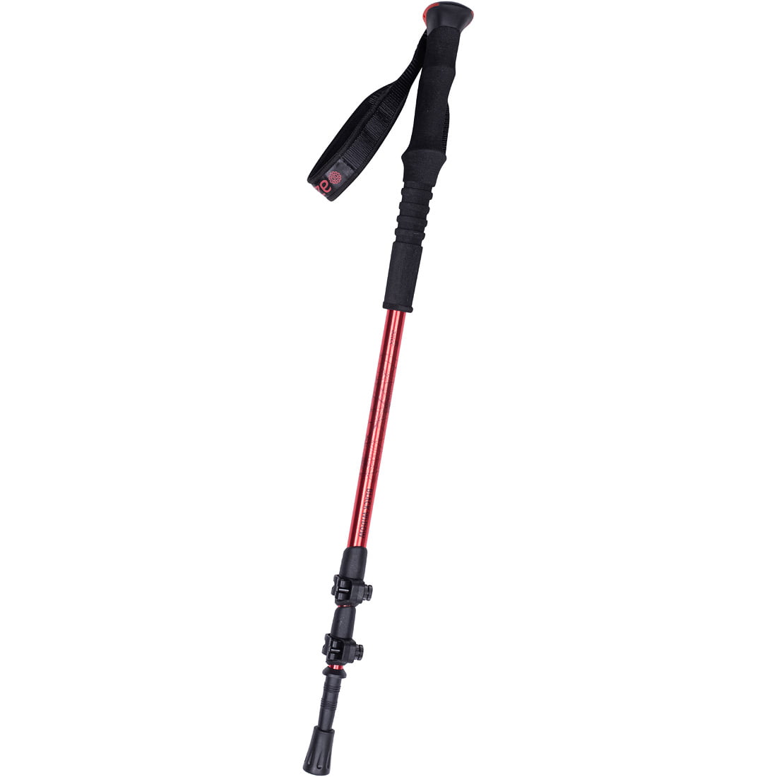 מקל הליכה מתכוונן של Aztec Black Widow בצבעים אדום ושחור, עם רצועת יד, ידית ספוג וקצה גומי, מוצג על רקע לבן.