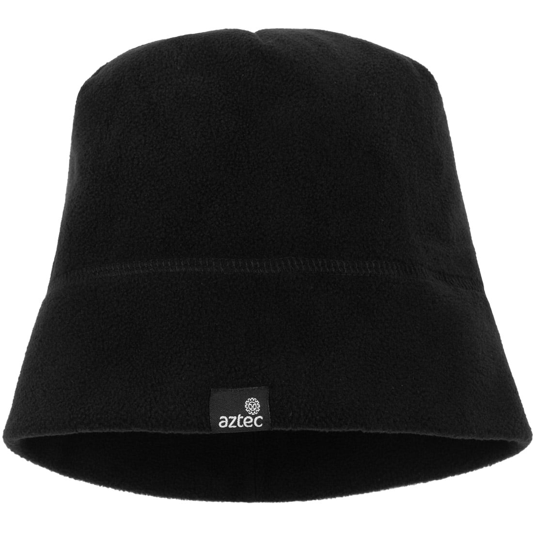 כובע הפליס Aztec Micro Fleece Hat Wide הוא בצבע שחור, בעל שוליים רחבים, ועליו תווית קטנה בחזית עם שם המותג "Aztec" וסמל דקורטיבי לבן.